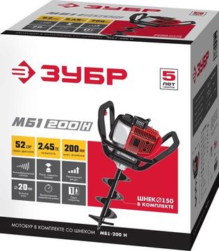 ЗУБР d 60 - 200 мм, 43 см3, 1 оператор, мотобур (бензобур) (МБ1-200)