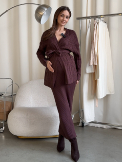 Комплект вязаный, ажурный кардиган с поясом и длинная юбка