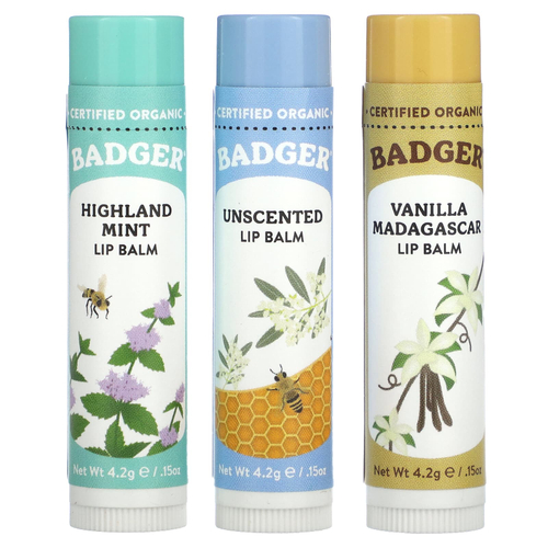 Badger, Праздничный набор бальзамов для губ, синяя упаковка, 3 шт. по 4,2 г (0,15 унции)