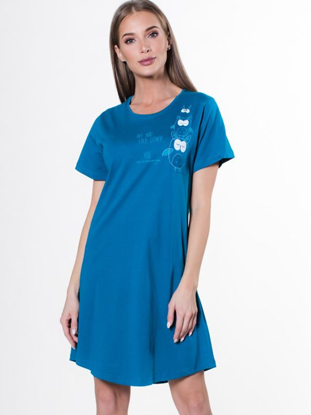 Хлопковая сорочка с коротким рукавом и принтом (Размер: L) (Цвет: изумрудный)