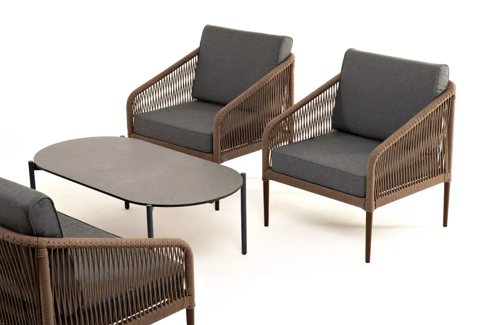 "Канны" лаунж-зона 4-местная из роупа со столом "Верона" (серый гранит), каркас алюминиевый коричневый, роуп коричневый