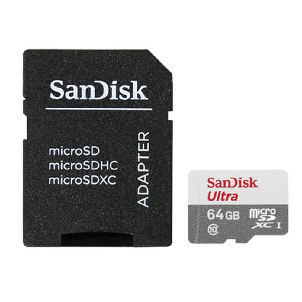 Карта памяти microSDXC, 64 GB, SANDISK Ultra UHS-I U1, 80 Мб/сек (class 10), адаптер, QUNS-064G-GN3MA