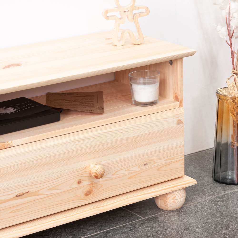 Тумба под телевизор 115х32х40, Бритта, напольная, с ящиками и полками, массив сосны, в натуральной отделке, Dipriz