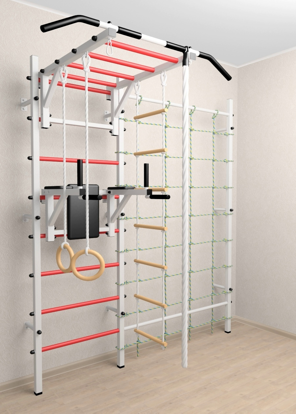 Шведская стенка Sv Sport усиленная 629 (Турник рукоход/Брусья/Канат/Kольца/Лестница/Канатный лаз/Сетка)