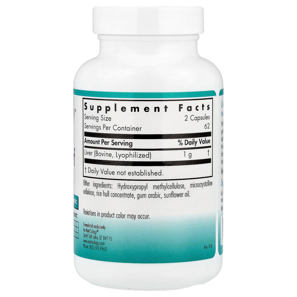 Nutricology, говяжья печень, натуральная вытяжка из железы, 125 растительных капсул