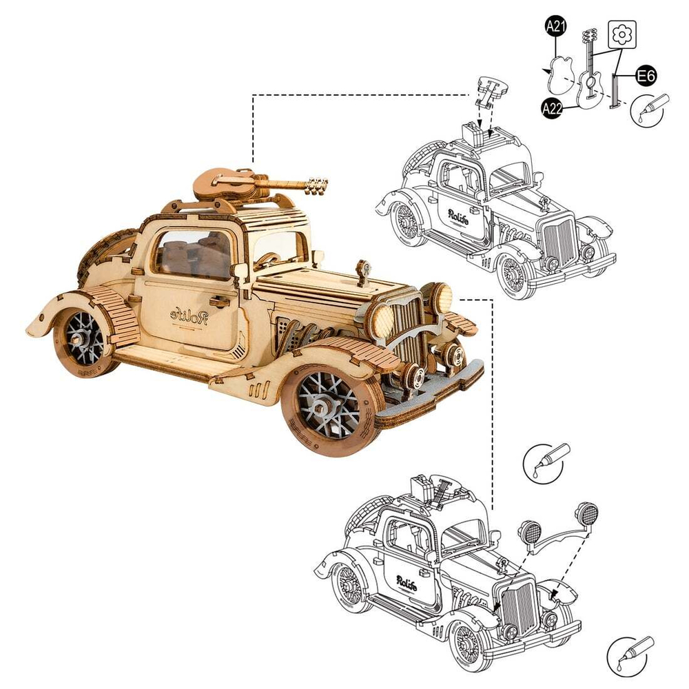Винтажный автомобиль (Rokr Robotime and Rolife) - Деревянный конструктор, сборная механическая модель, 3D пазл, ретро автомобиль