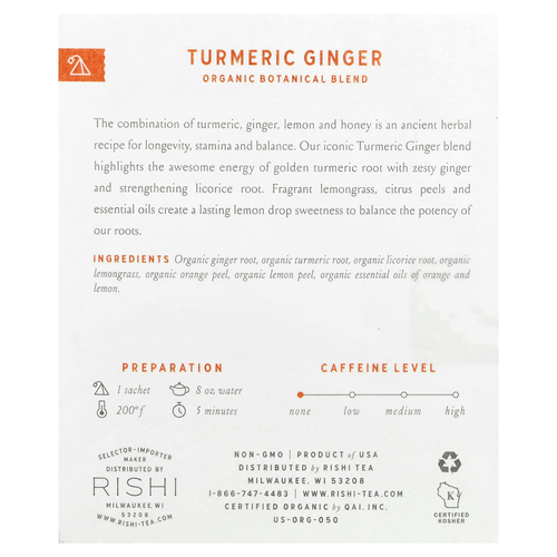 Rishi Tea, органическая растительная смесь, куркума и имбирь, без кофеина, 15 пакетиков, 45 г (1,58 унции)
