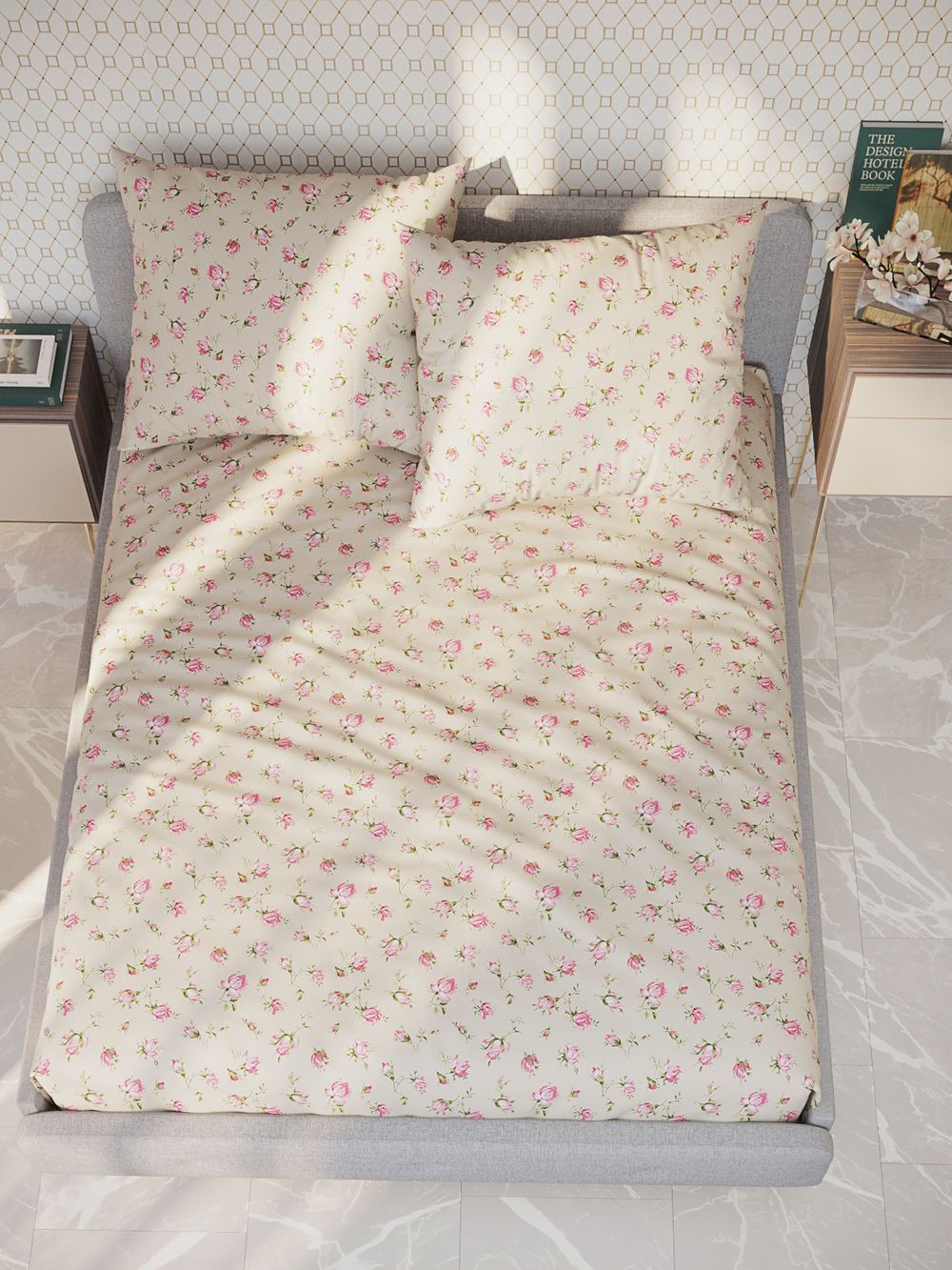 Постельное белье перкаль Сказка "Розовые бутоны на бежевом" 2-спальное Наволочка 50х70 см 2 шт Простынь на резинке 160x200 см Пододеяльник 175x215 см