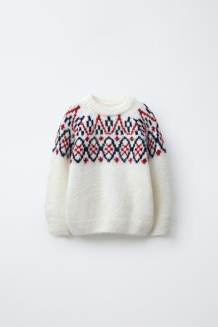 ZARA ЖАККАРДОВЫЙ СВИТЕР ИЗ СМЕСОВОЙ ШЕРСТИ, ЭКРЮ/КРАСНЫЙ