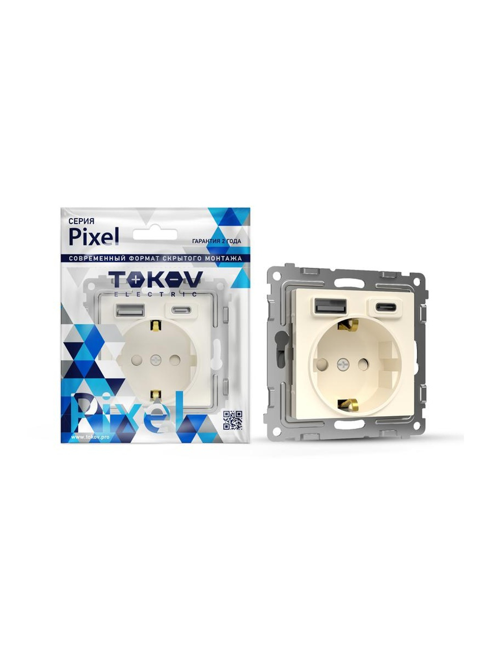 Розетка 1-м СП Pixel IP20 с заземл. с 2-мя заряд. устр. USB тип A+C механизм беж. TOKOV ELECTRIC TKE-PX-R1U2AC-C02