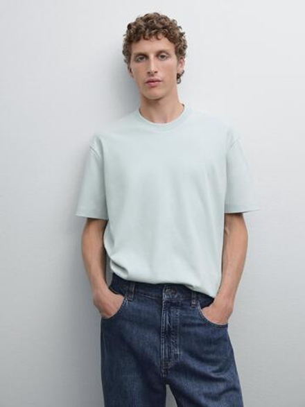 Massimo Dutti Хлопковая футболка-поло с короткими рукавами, бирюзовый