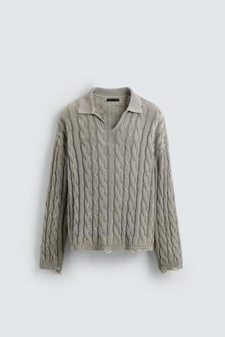 ZARA ПОЛО С ТЕКСТУРНЫМ УЗОРОМ «КОСЫ» И ЭФФЕКТОМ ПОТЕРТОСТИ, ЖЕМЧУЖНО-СЕРЫЙ