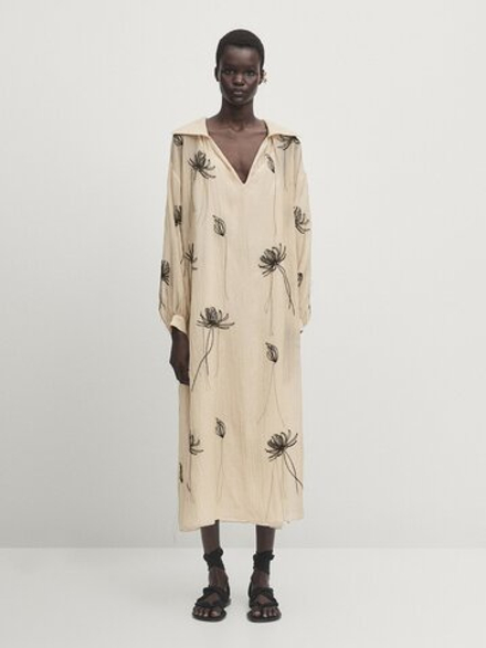 Massimo Dutti Платье с вышивкой и принтом, жженый