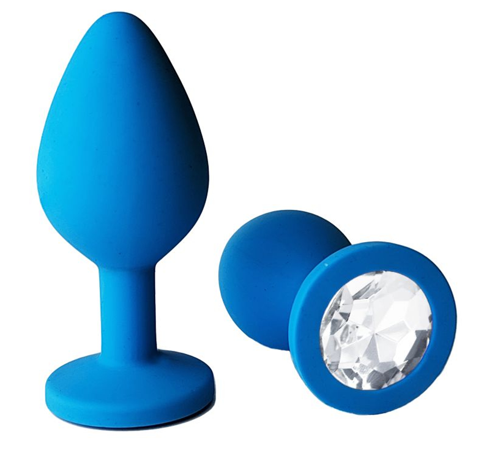 Голубая анальная пробка с прозрачным кристаллом - 8 см. (Цвет: прозрачный)