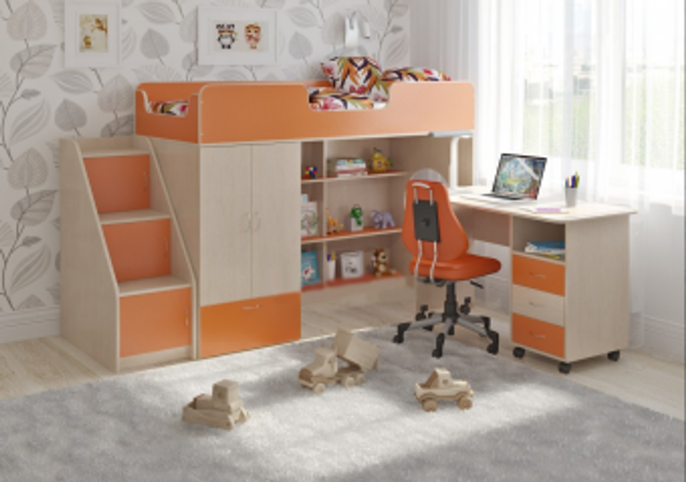 Кровать-чердак КарИВи Легенда 3.14  Дуб Молочный Оранжевый