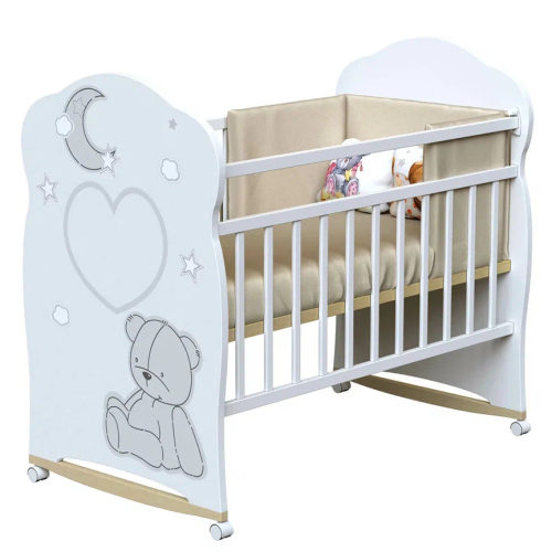 Кровать детская ВДК BEAR AND MOON (колесо-качалка, белый)