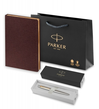 Подарочный набор: Шариковая ручка Parker Jotter Essential, St. Steel GT, стержень: Mblue и Ежедневник недатированный коричневый
