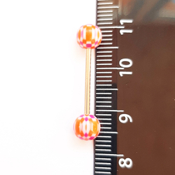 Штанга 16 мм с акриловыми цветными шариками 6 мм (шахматка оранжевый-фиолетовый) для пирсинга языка. Медицинская сталь. 1 шт