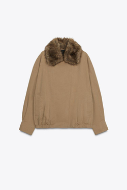 ZARA КУРТКА-БОМБЕР С МЕХОВЫМ ВОРОТНИКОМ — ZW COLLECTION, ТЕМНЫЙ БЕЖЕВО-КОРИЧНЕВЫЙ