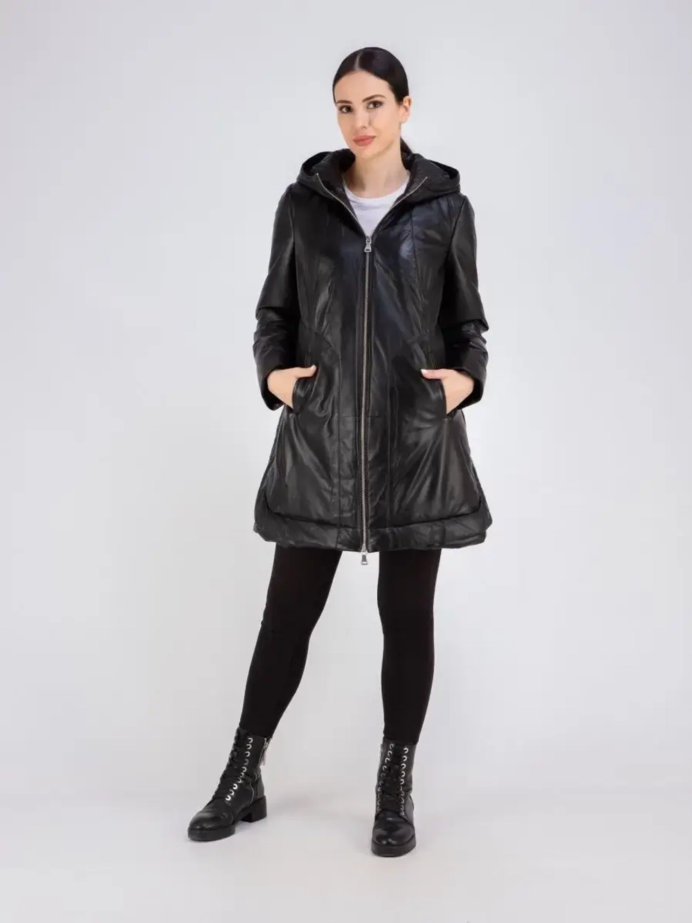 Куртка кожаная утепленная длинная с капюшоном Турция