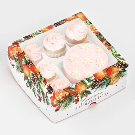 Коробка для капкейков и бенто торта "Счастья в Новом Году" венок 25*25*10 см