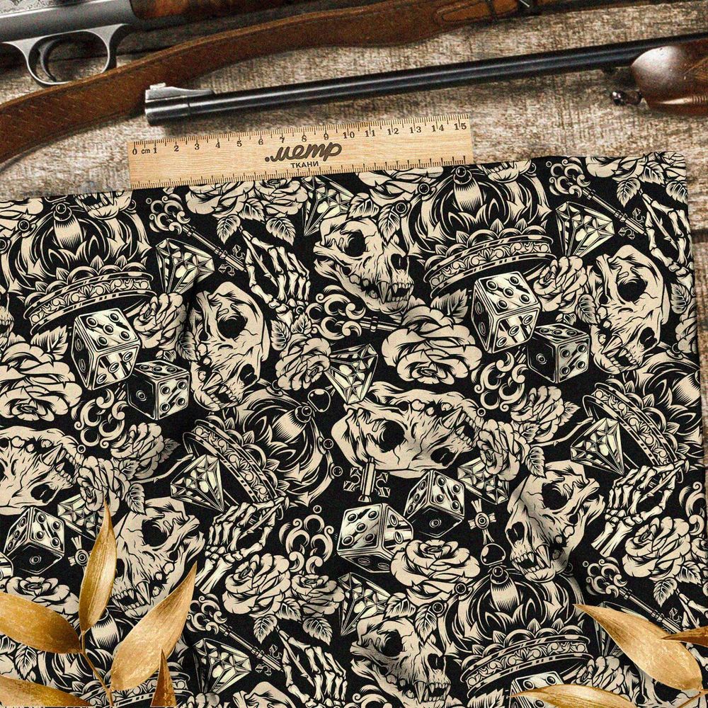 Ткань таффета чёрно-белые кости, розы, бриллианты и короны