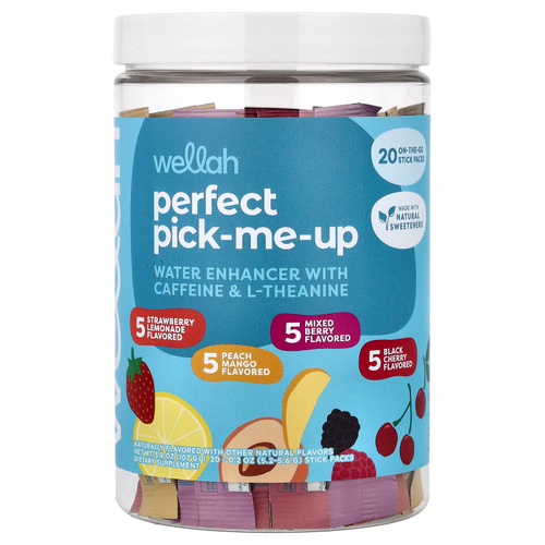 Wellah, Perfect Pick-Me-Up, водоочиститель с кофеином и L-теанином, разнообразные продукты, 20 стиков, 5,2–5,6 г (0,2 унции)