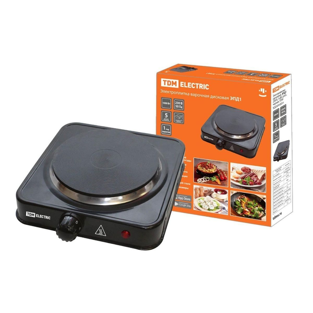 Плита электрическая TDM, SQ2504-0014, 1000 Вт, 1 конф, диск, эмаль, механ, пер повор, чер