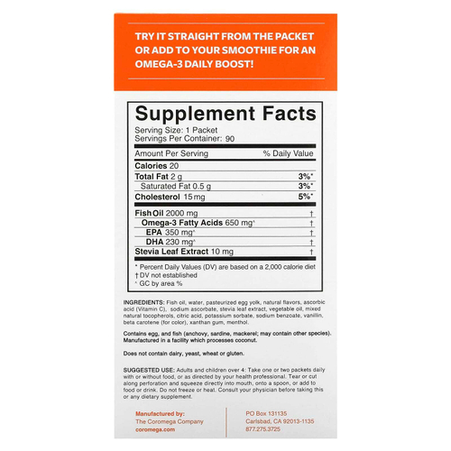 Coromega, Омега-3, апельсиновый сок, 650 мг, 90 порционных пакетиков, по 2,5 г