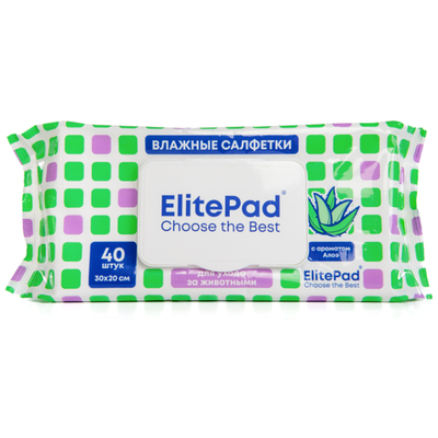Elitepad влажные салфетки очищающие тканевые для собак и кошек с ароматом алоэ, 30х20см, 1уп/40шт