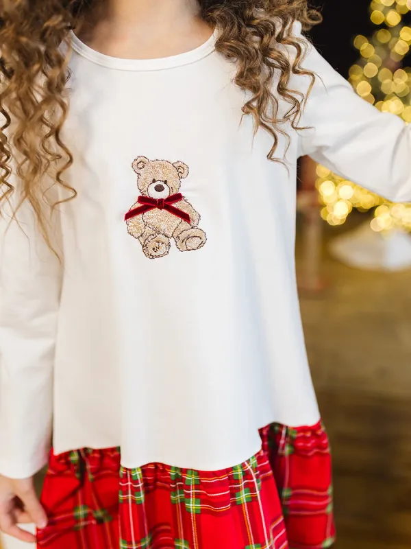 Новогоднее платье 6496 крупный план вышивки медвежонка, трикотаж от производителя оптом