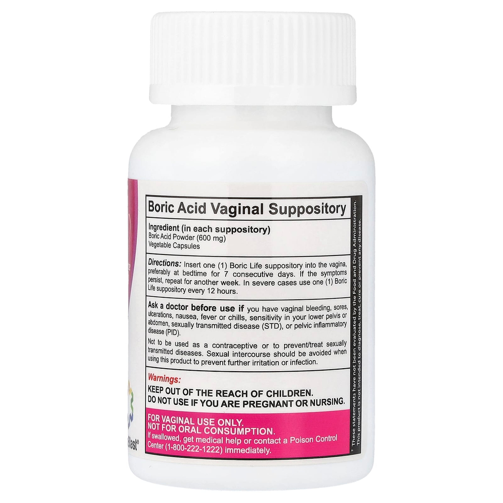 NutraBlast, Boric Life, борная кислота, 600 мг, 30 вагинальных свечей