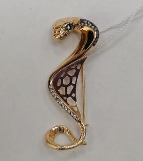 Брошь Змея из золота с фианитами