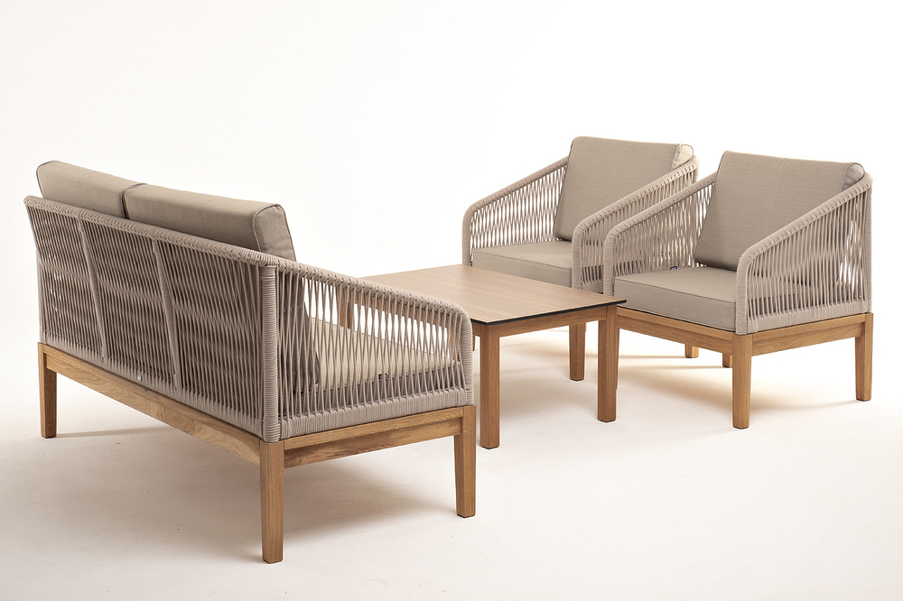 "Канны" лаунж-зона 4-местная из роупа со столиком "Канны" цвета "дуб", основание дуб, роуп бежевый