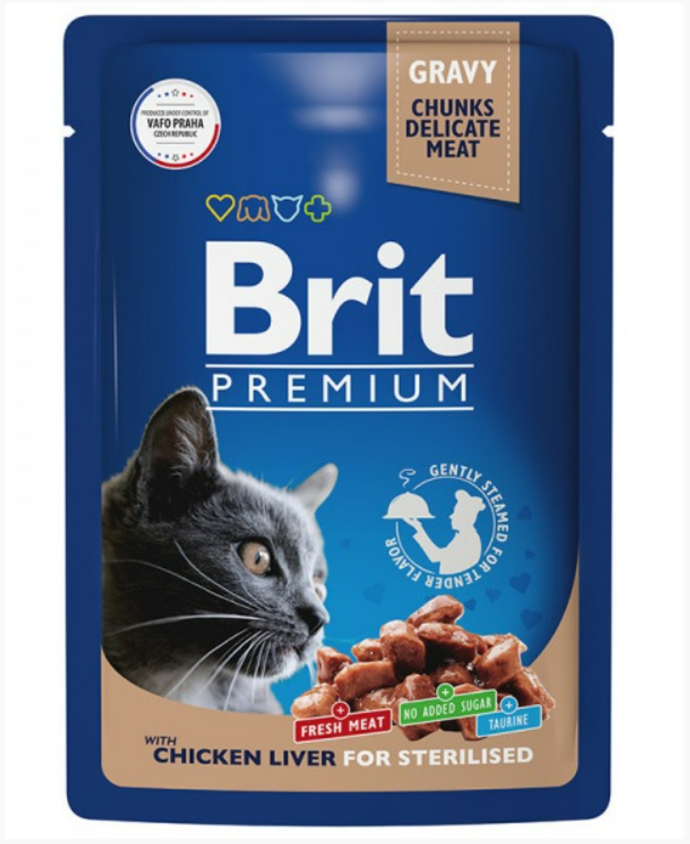 Влажный корм для стерилизованных кошек Brit Premium 0,085кг куриная печень в соусе пауч, 14 паучей
