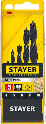 STAYER ″M-type″ 5 шт. 4-5-6-8-10мм, набор спиральных сверл по дереву