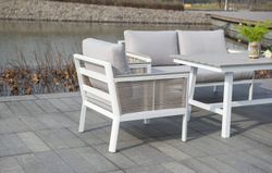 "Сан Ремо" кресло плетеное из роупа садовое, каркас алюминий белый, роуп бежевый, ткань бежевая