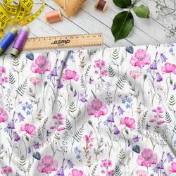 Ткань лён розовые цветы и колокольчики на белом фоне