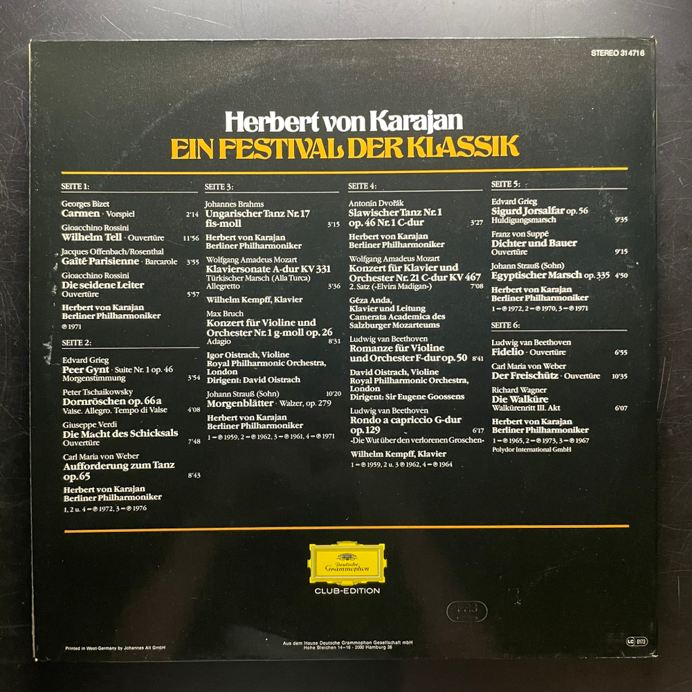 Herbert Von Karajan, David Oistrach, Igor Oistrach, Wilhelm Kempff, Géza Anda ‎– Ein Festival Der Klassik 3LP (Германия 1980г.)