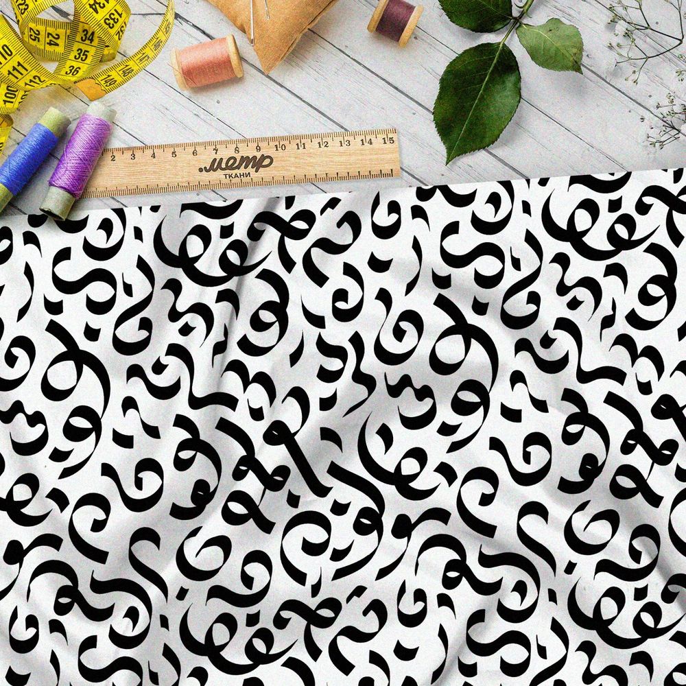Ткань муслин крупные каллиграфические узоры на бежевом фоне
