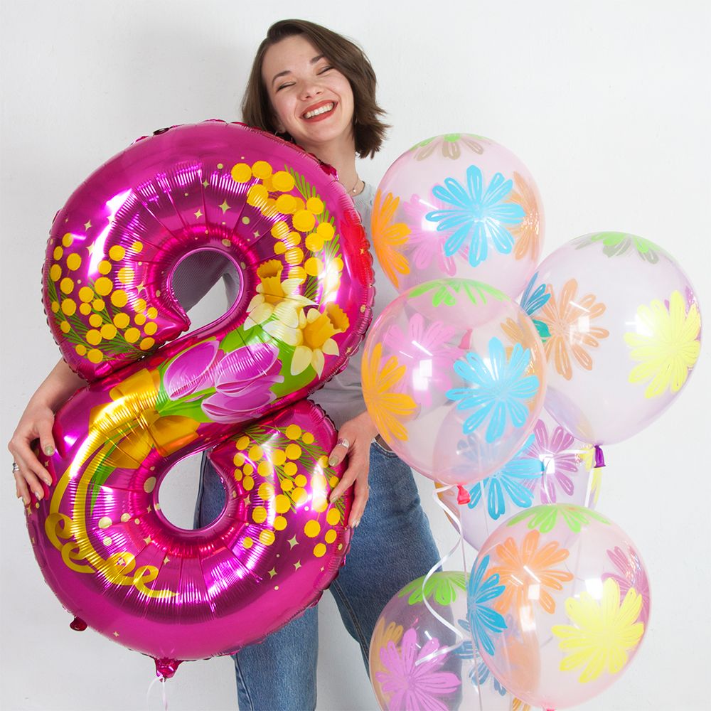 Шар (34''/86 см) Цифра, 8 Марта, Цветы, Фуше, 1 шт. в уп.