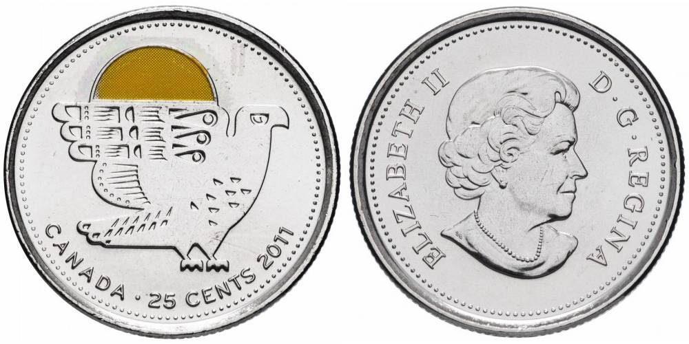 Канада 25 центов, 2011 Природа Канады - Сапсан, Цветное покрытие