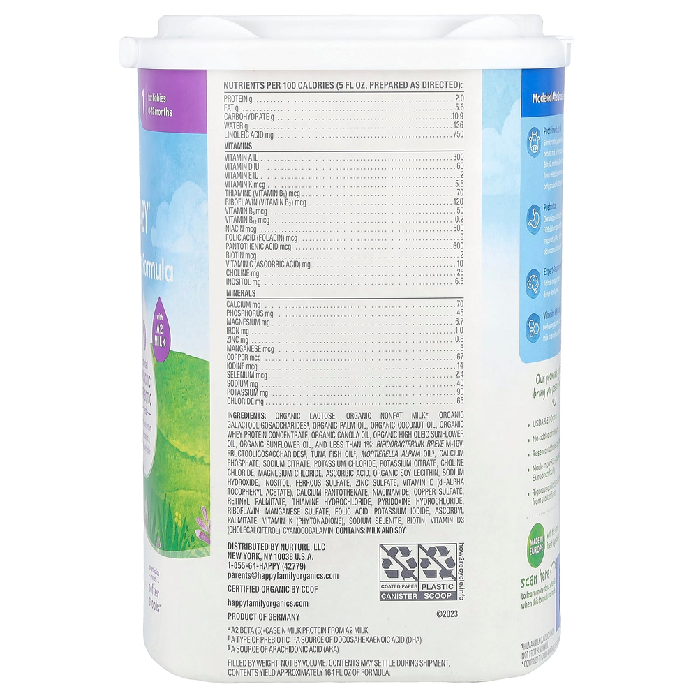 Happy Family Organics, Органическая смесь для младенцев A2, порошок на основе молока с железом, 0–12 месяцев, 650 г (22,9 унции)