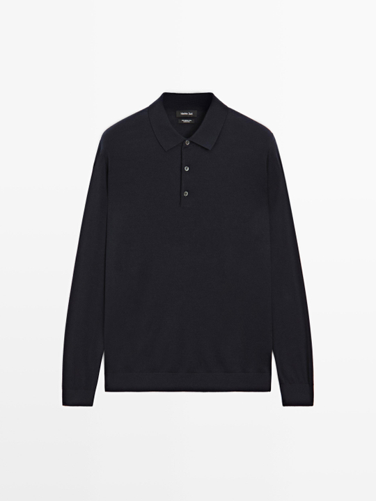 Massimo Dutti Трикотажное свитер поло из 100% мериносовой шерсти, темно-синий