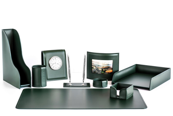 Набор настольный из зеленой кожи 9 предметов №155