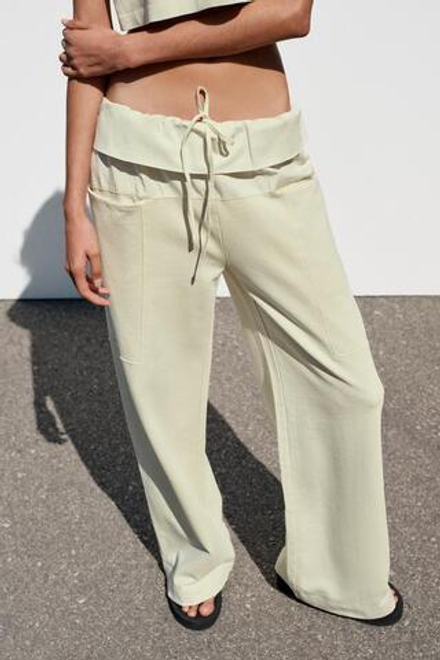 ZARA БРЮКИ С ПОЯСОМ ИЗ ПОПЛИНА, ЗЕЛЕНЫЙ