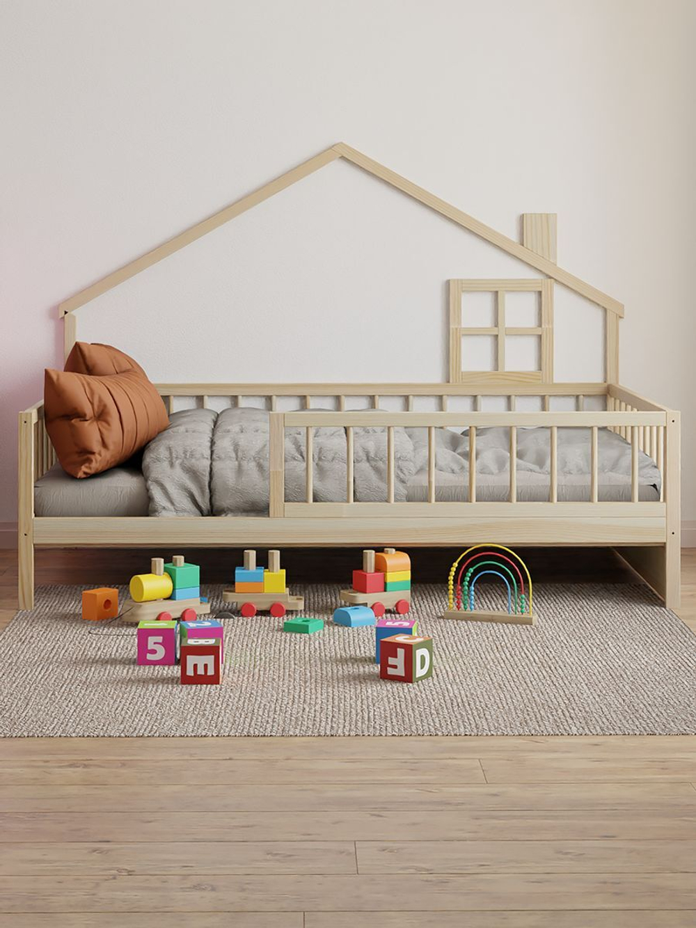 Кровать-домик односпальная 90х200 Локи с настилом из массива сосны для детской комнаты, в натуральной отделке