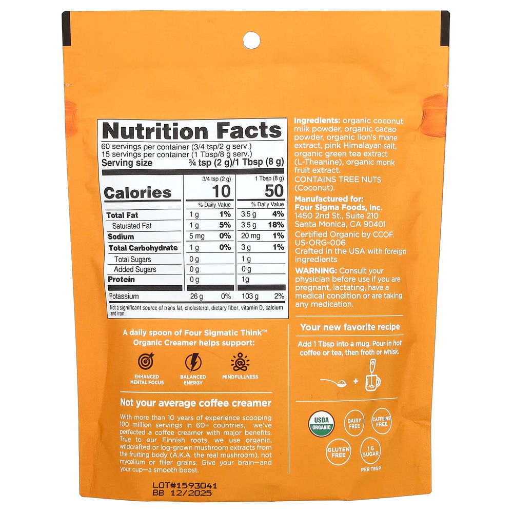 Four Sigmatic, Think Organic Creamer, без молочных продуктов, какао и кокос, 120 г (4,23 унции)