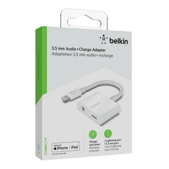 Переходник Belkin Lighting 8-pin папа/мама + Jack3.5 мама (F8J212btWHT) White