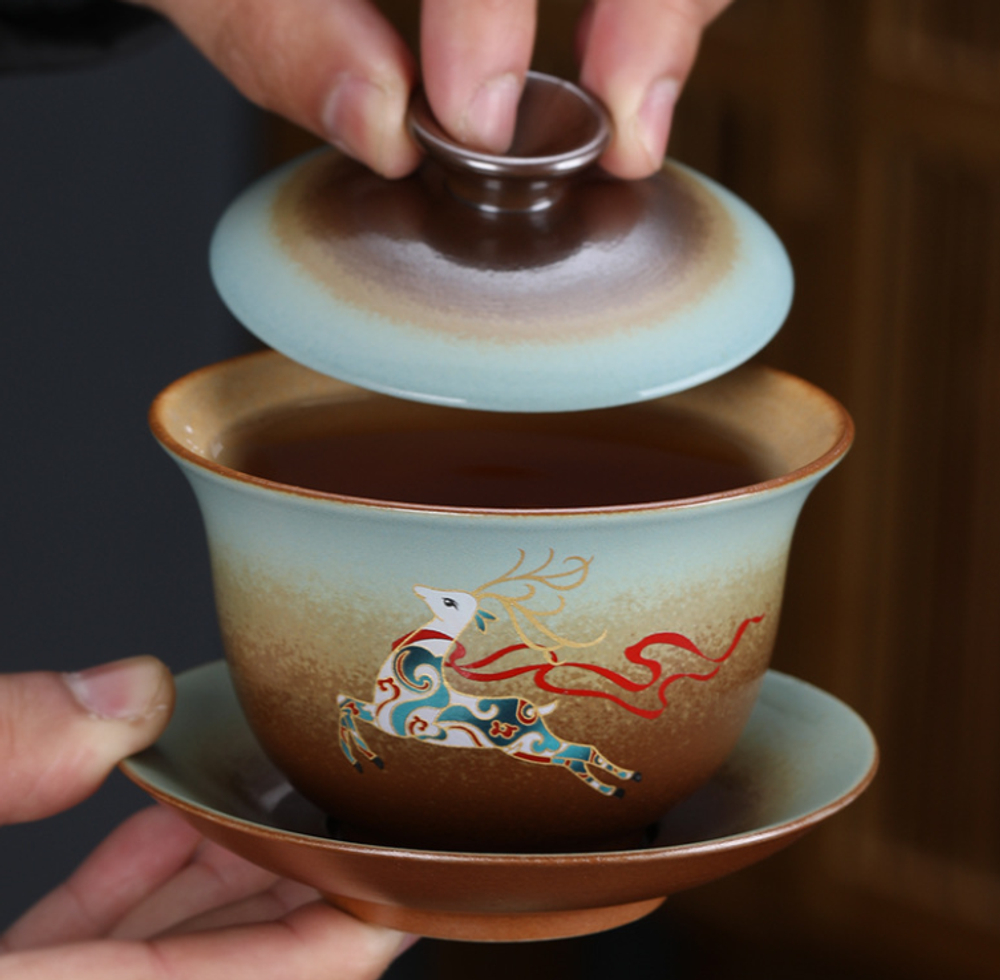 268103.3 Гайвань ОБЖИГ В ПЕЧИ "Лесной олень" имит.обжига h=8.5см,d=10см, 180мл, керамика корич-голуб